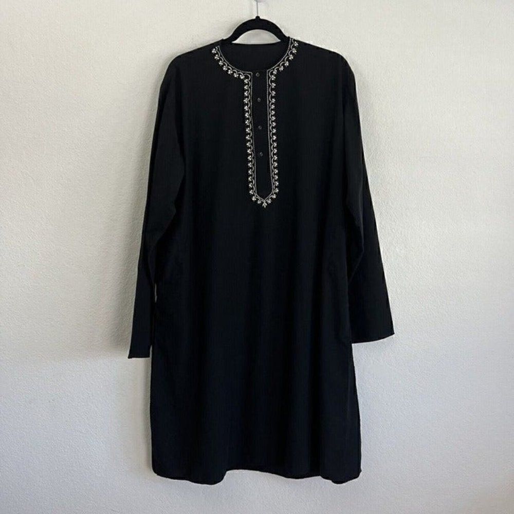 Womens Black Oversized Boho Tunic Top Long Sleeve White Floral Embroidered